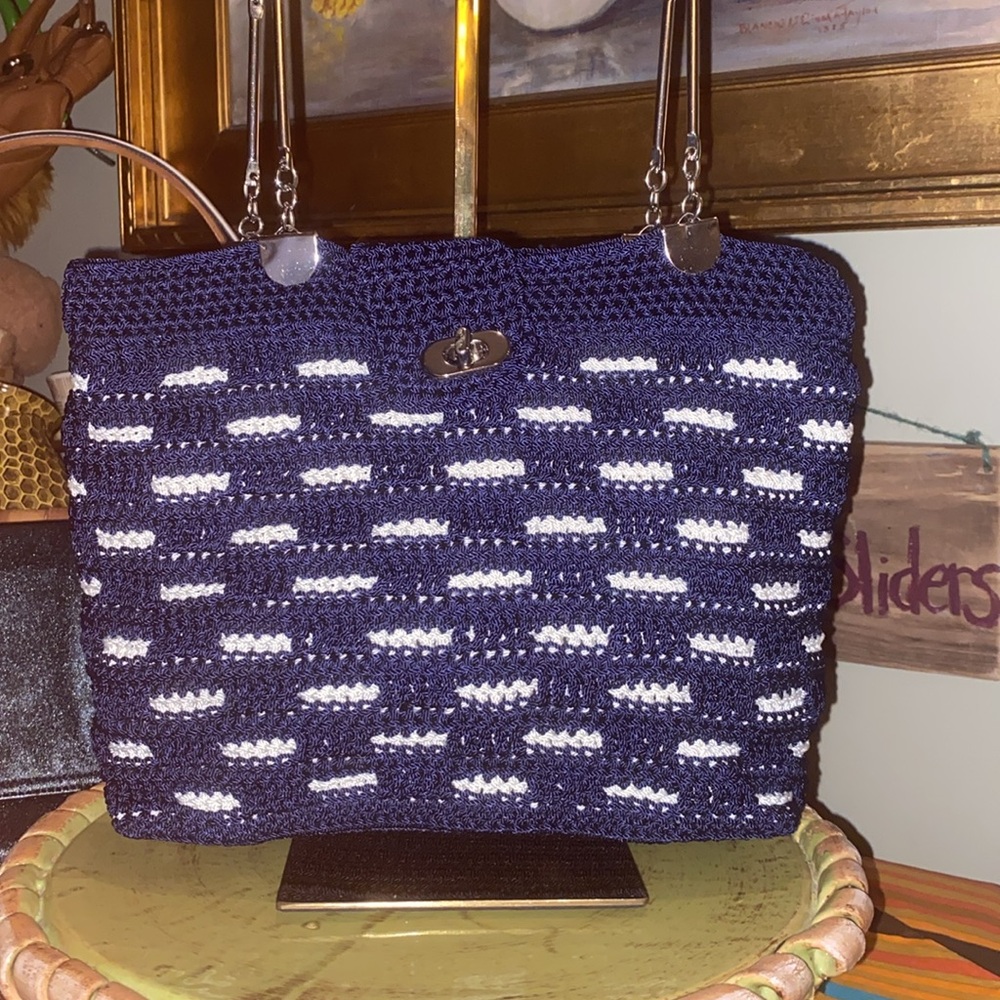 Crochet Purse Handmade Navy White with Double Metal Handles EUC